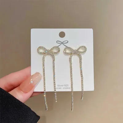 Elegant Sparkling Crystal Bow Tassel Earrings